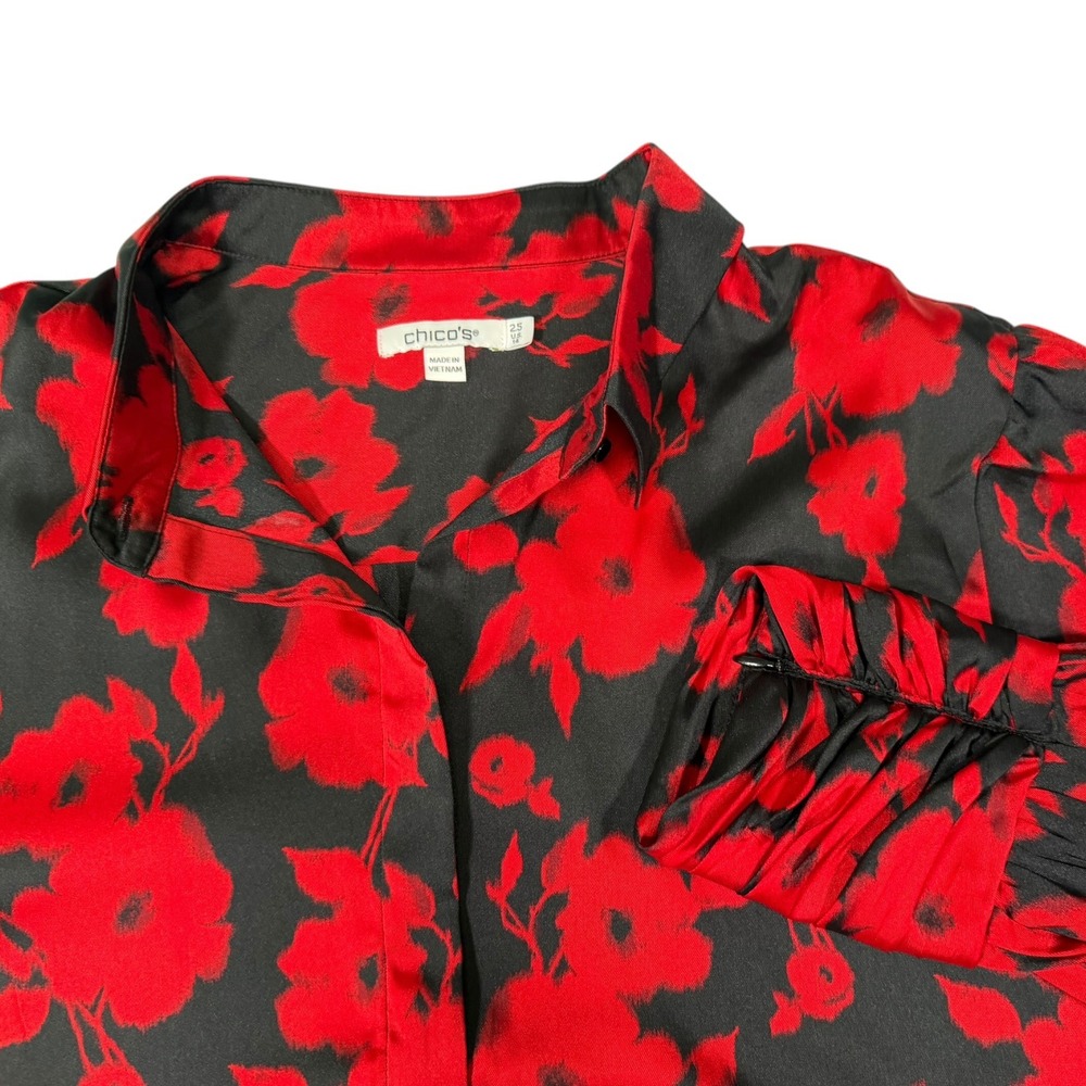 Chico's 14 Red Black Floral Blouse Ruched Cuff Button Down Shirt Dark Romantic